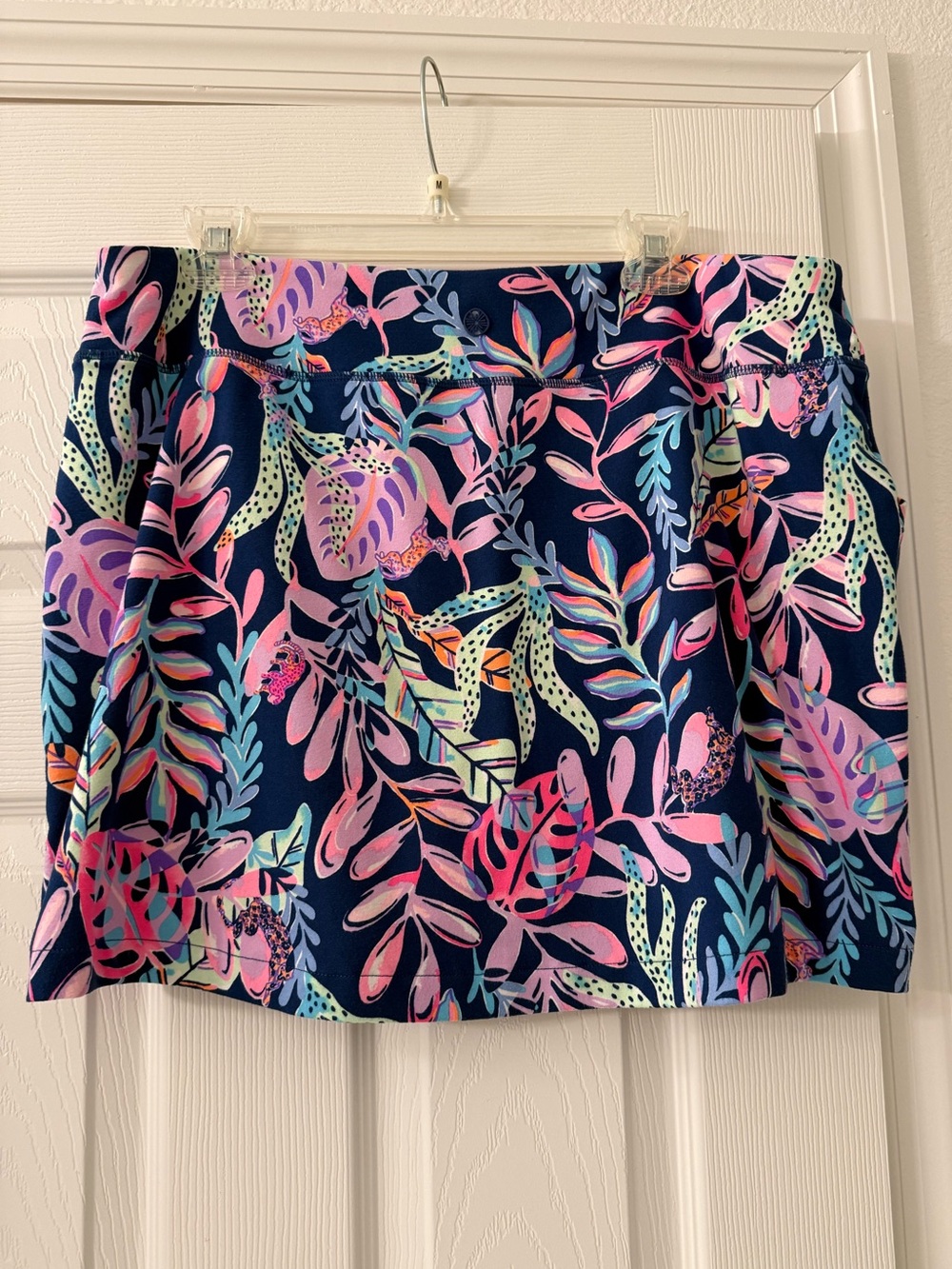 Lilly Pulitzer Navy Mini Skirt with Pink, Mint & Coral Leaf Print - Picture 2 of 8